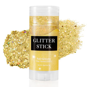 Mysense gold glitter stick front view showing compact twist-up design and portability