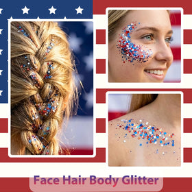 Mysense glitter used in a braid adding red white blue accents to hair