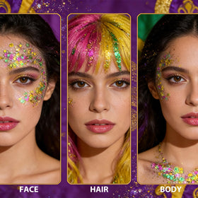 Mysense glitter applied to hair roots and braids, eye-catching festival-ready highlights