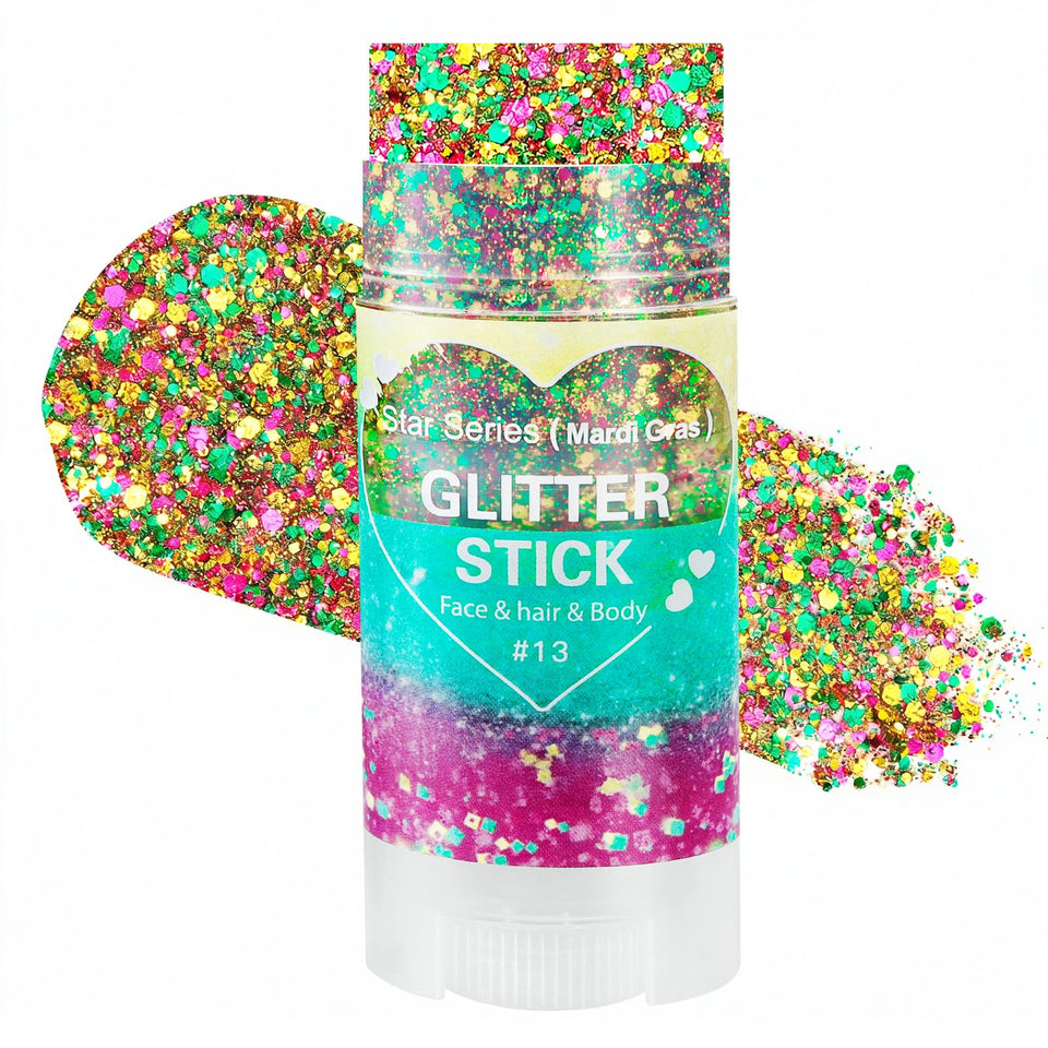 Mysense front packaging showing vibrant purple green gold glitter stick, quick festive application