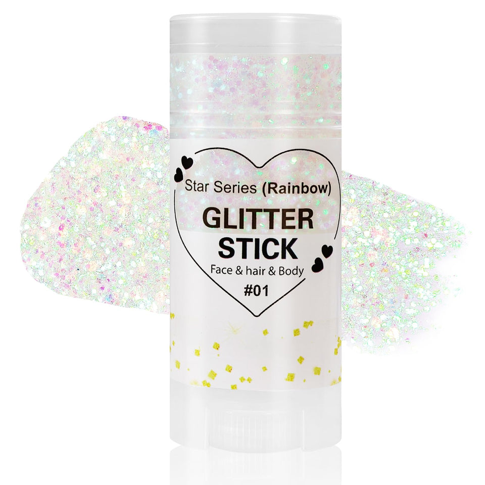 Mysense glitter stick front view showing colorful rainbow finish and convenience