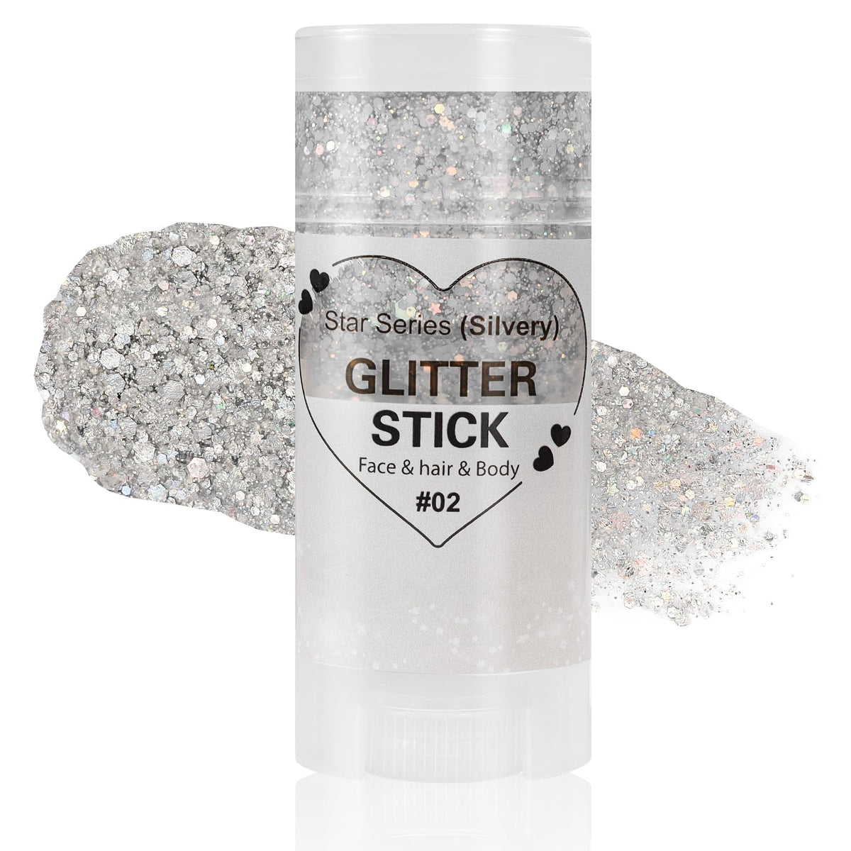 Mysense silver glitter stick front view showing packaging and applicator, easy-to-use