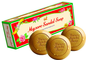 Mysore Sandal front packaging showing three bars and premium sandalwood benefit