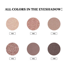 MYSTER ROSEY open palette displaying six nude matte and metallic pans for versatile looks