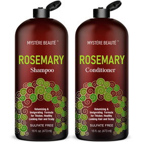 MYSTÉRE BEAUTÉ front packaging showing rosemary shampoo and conditioner, promotes fuller-looking hair