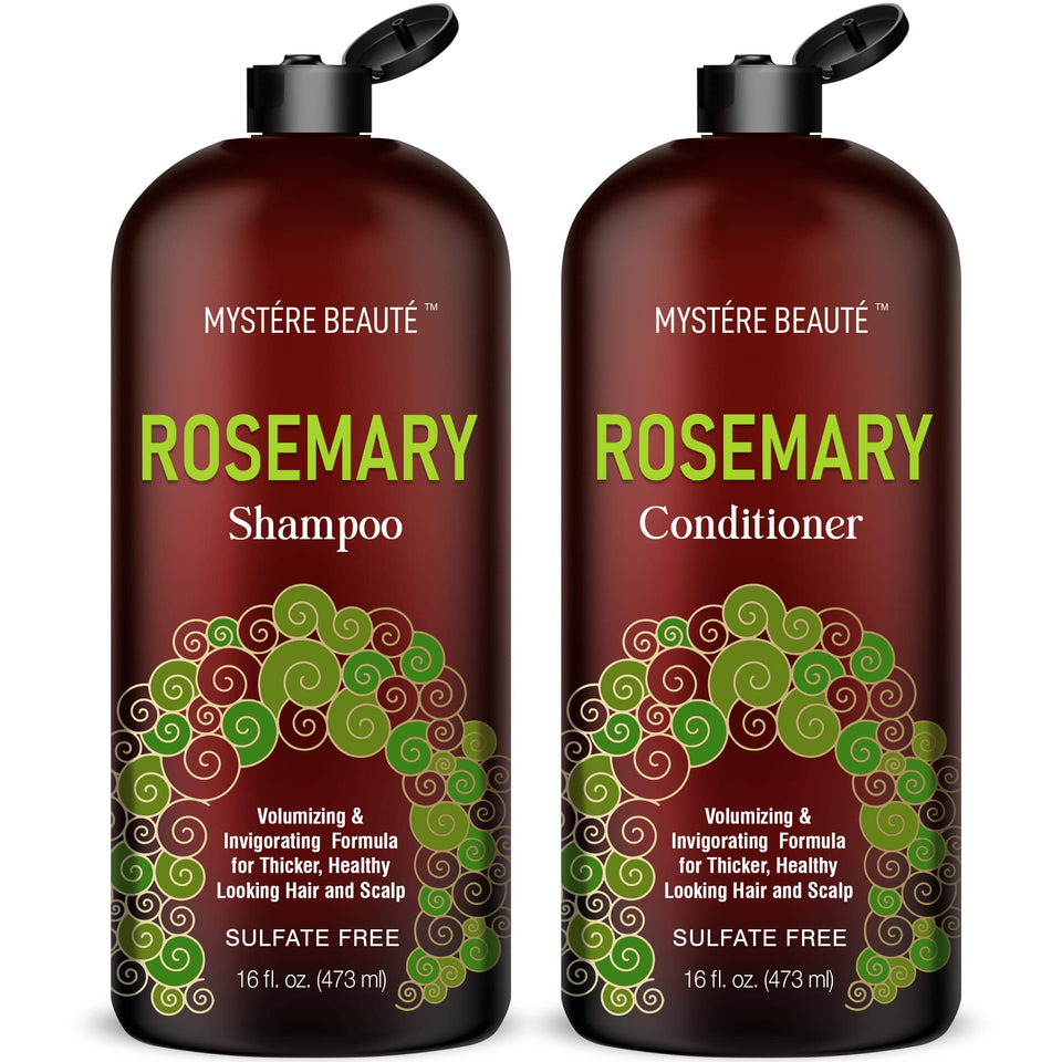 MYSTÉRE BEAUTÉ front packaging showing rosemary shampoo and conditioner, promotes fuller-looking hair