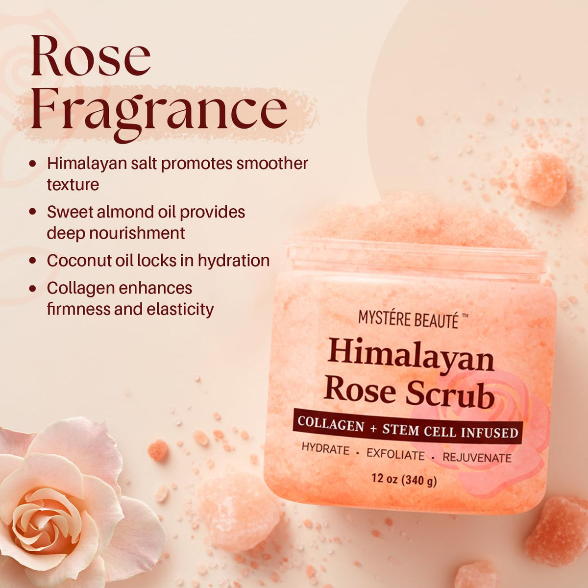 MYSTÉRE BEAUTÉ rose oil being poured to illustrate nourishing scent and moisturizing benefit