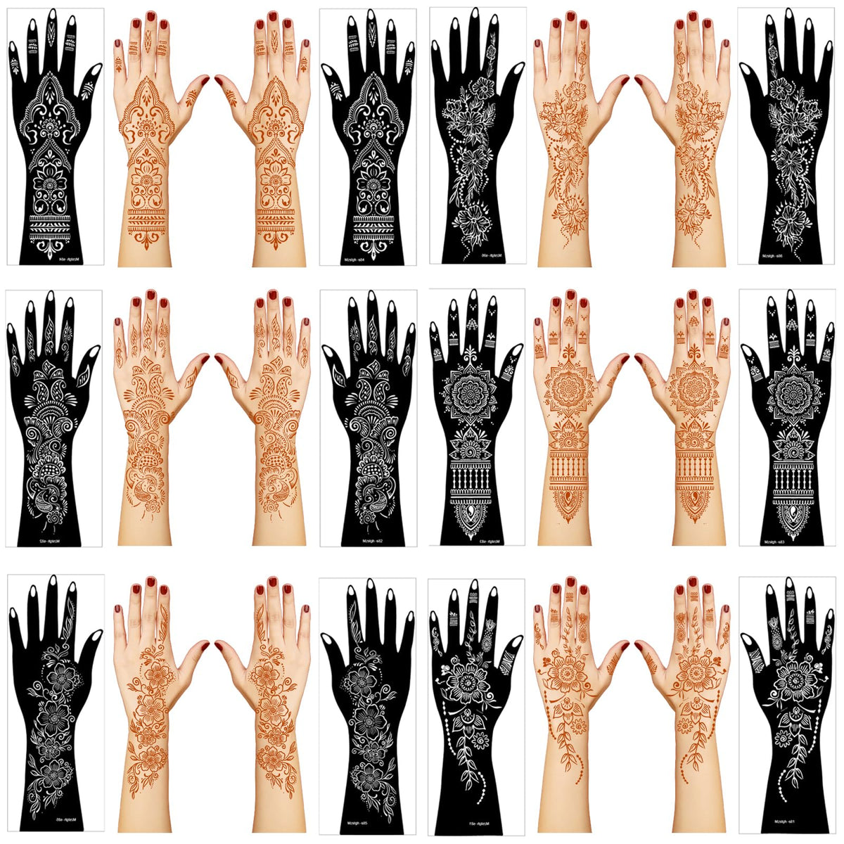Mzstgh front packaging showing 12-sheet stencil kit and floral designs for easy tattoos