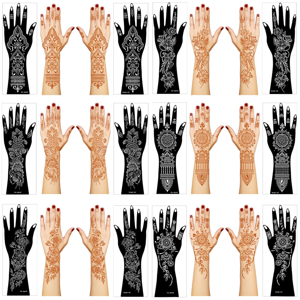 Mzstgh front packaging showing 12-sheet stencil kit and floral designs for easy tattoos