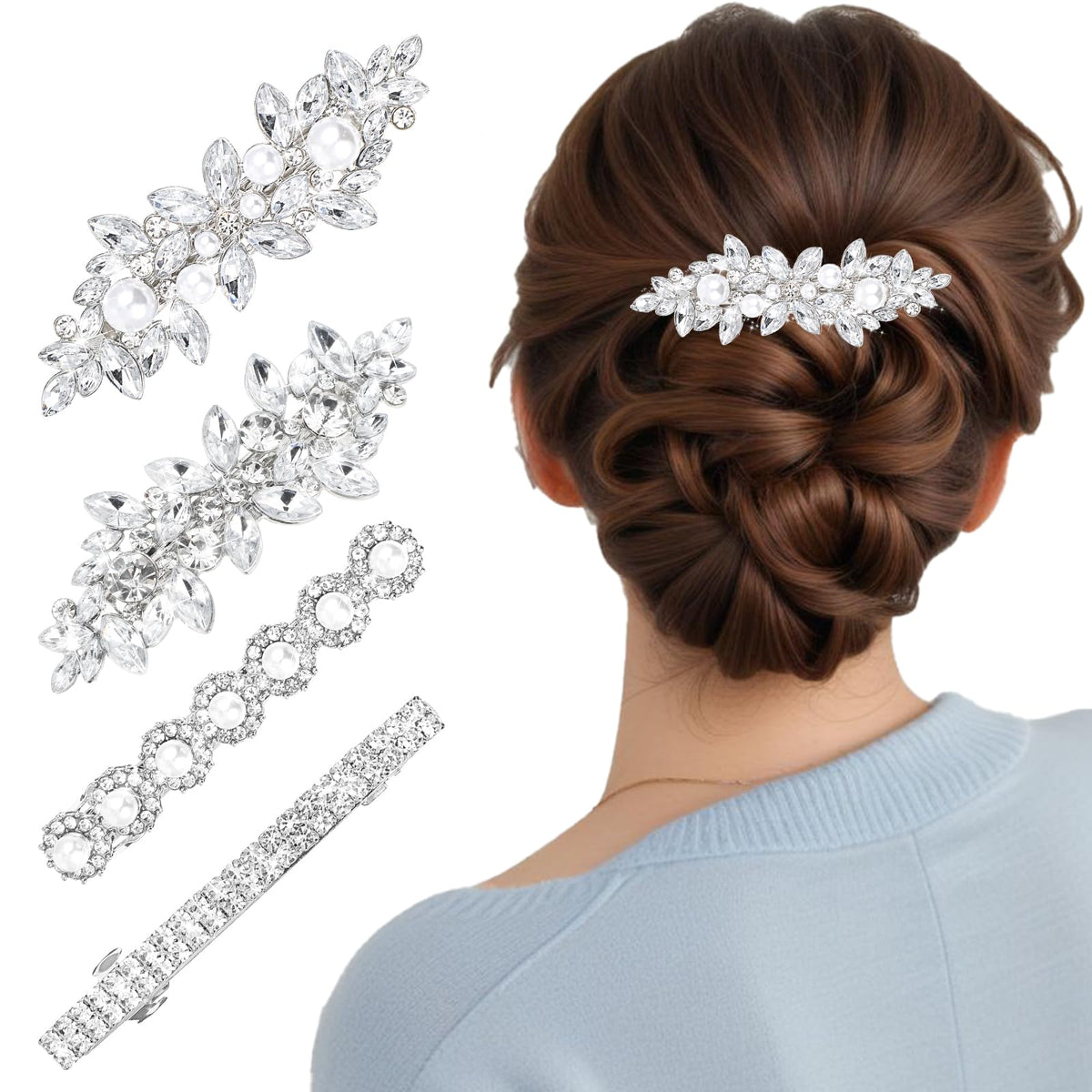 Nogeqi front view of four silver rhinestone hair clips showing elegant sparkle and benefit