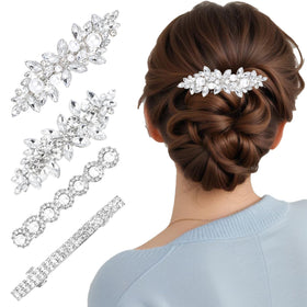 Nogeqi front view of four silver rhinestone hair clips showing elegant sparkle and benefit