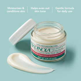 Nadinola open jar with visible cream texture highlighting hydration and lightweight feel