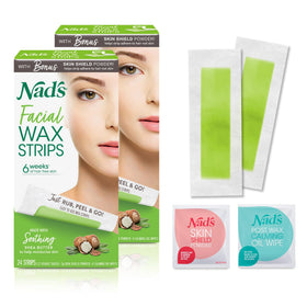 Nad's front packaging showing fragrance-free facial wax strips, convenient use