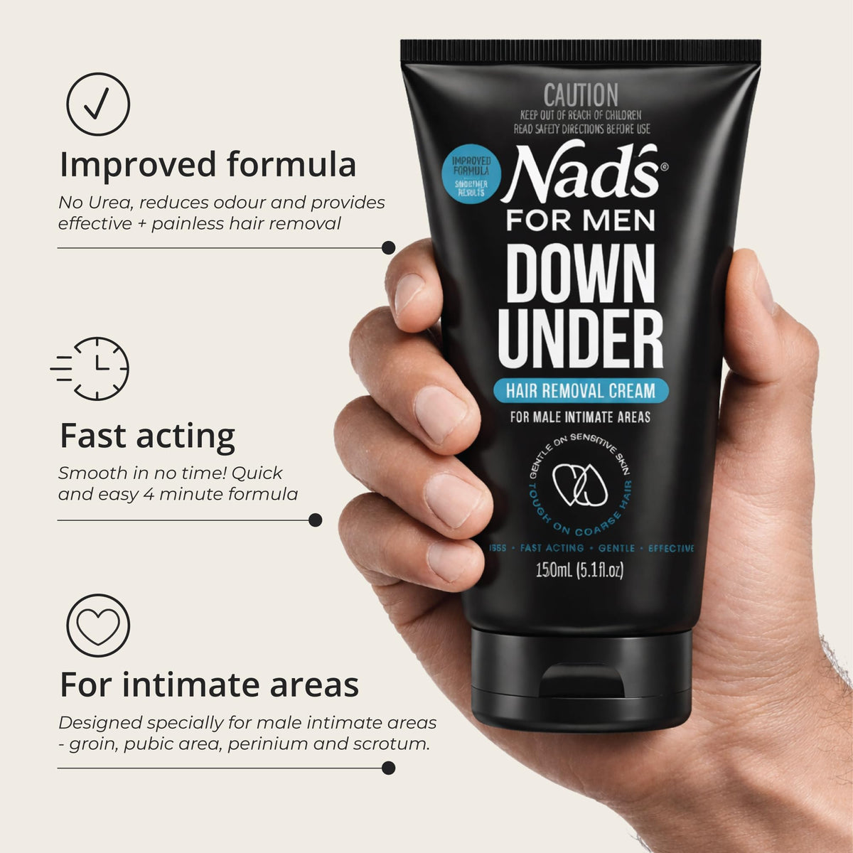 Nad's For Men cream being applied to leg demonstrating easy, painless removal