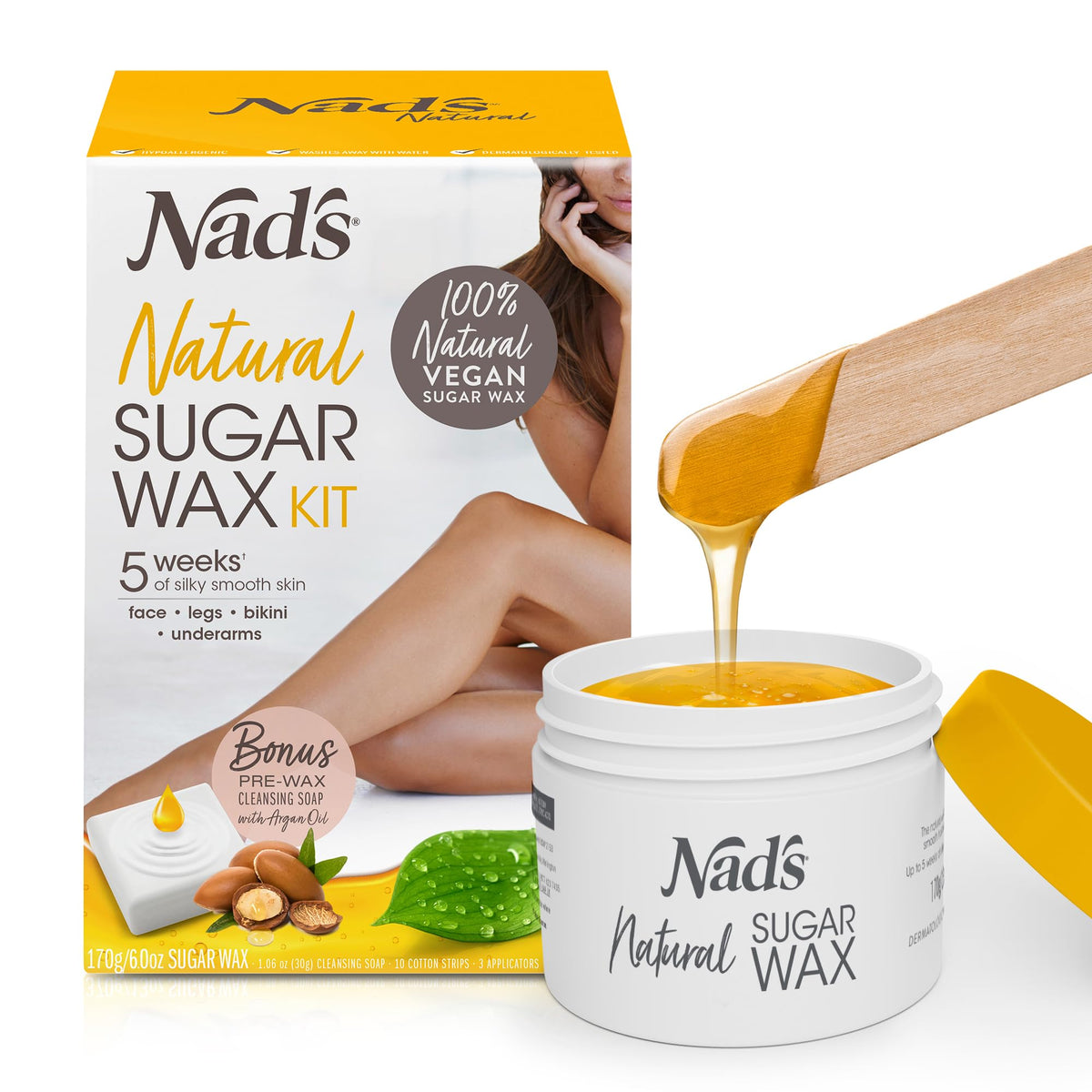 Nad's front packaging showing the full sugar wax kit and benefits