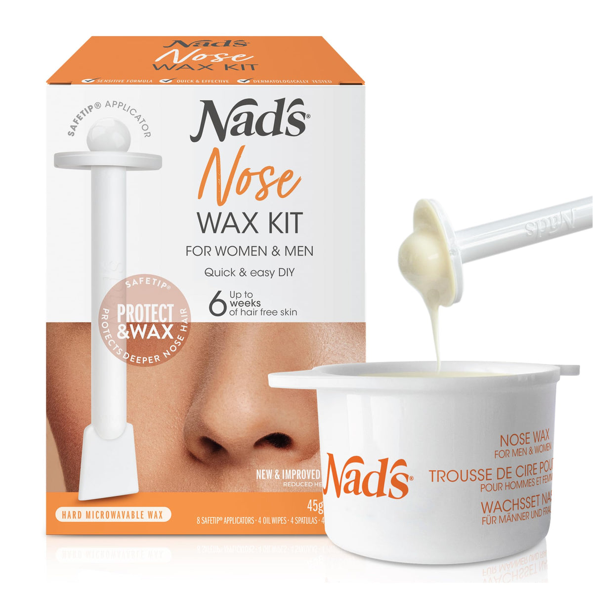 Nad's front packaging showing complete nose wax kit and contents for quick grooming