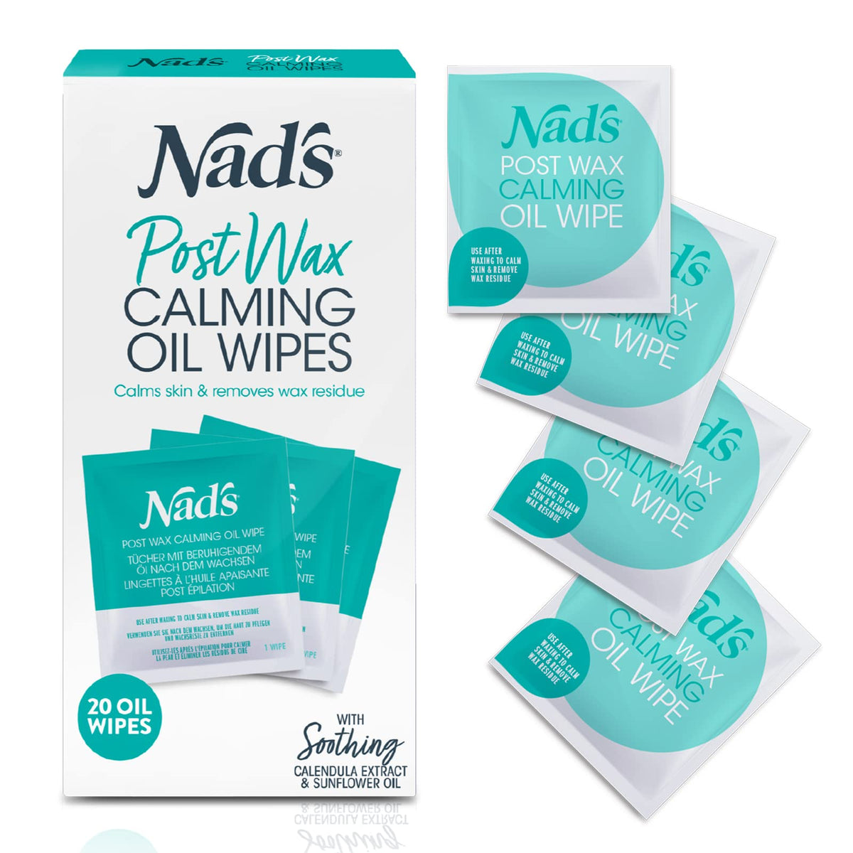 Nad's front pack view showing product branding and refill count for convenient after-wax care