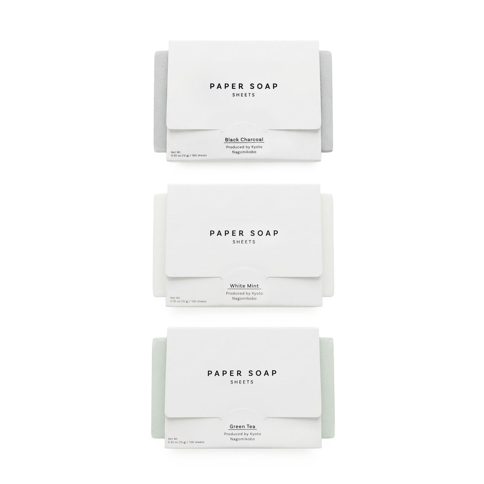 なごみ工房 front packaging showing compact travel-ready soap sheets and convenience