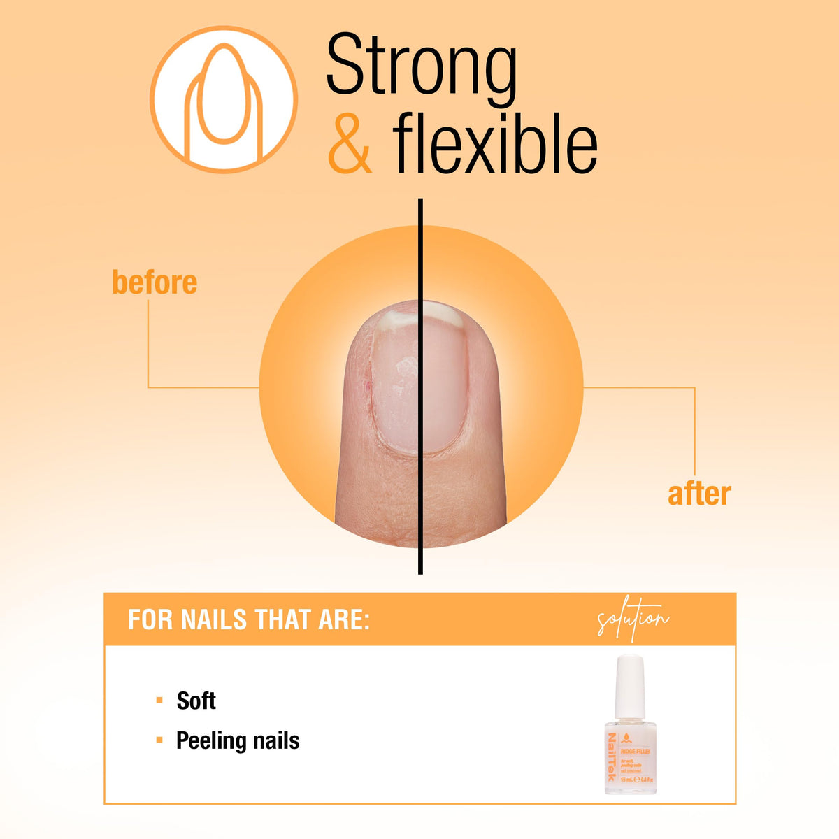 Nail Tek clear polish stroke on a nail to show smooth leveling and natural shine