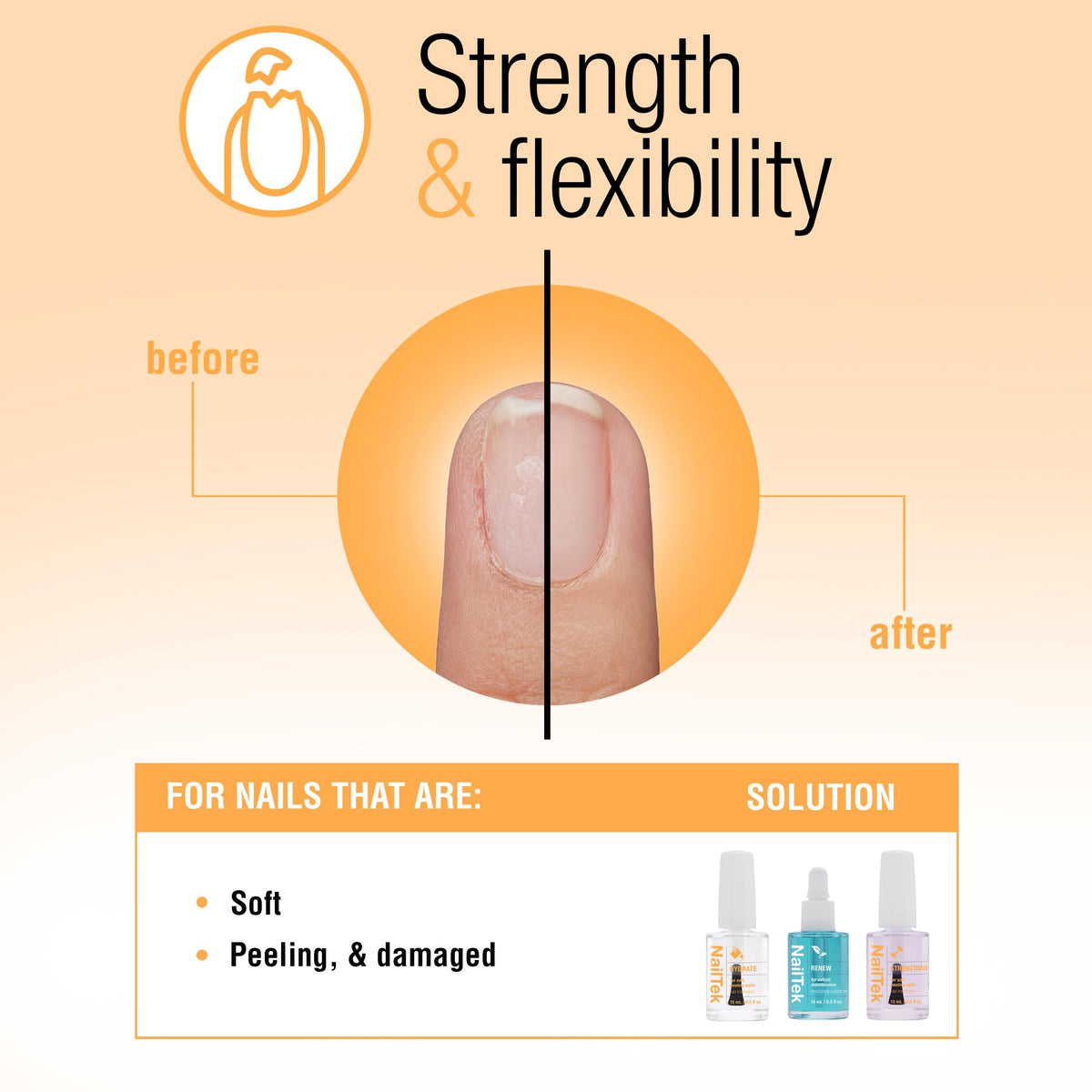Hand with Nail Tek applied to nails, reduces peeling and strengthens nails