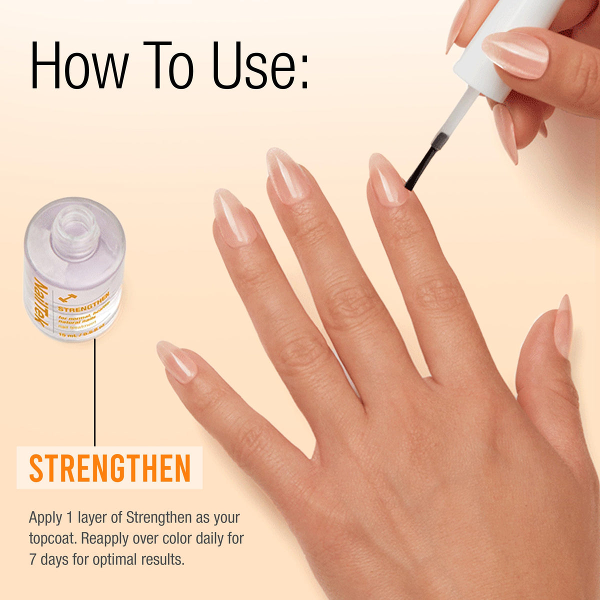 Nail Tek bottle next to ruler for scale, travel-friendly 15 mL convenience