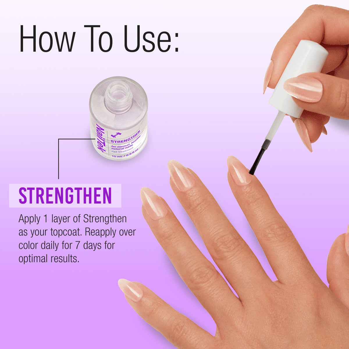 Hand applying Nail Tek Formula 4 Xtra in a home care setting for healthier nails