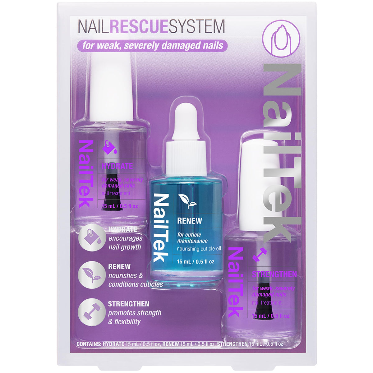 Nail Tek front packaging showing the three-step rescue kit and easy routine benefit