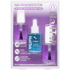 Nail Tek front packaging showing the three-step rescue kit and easy routine benefit