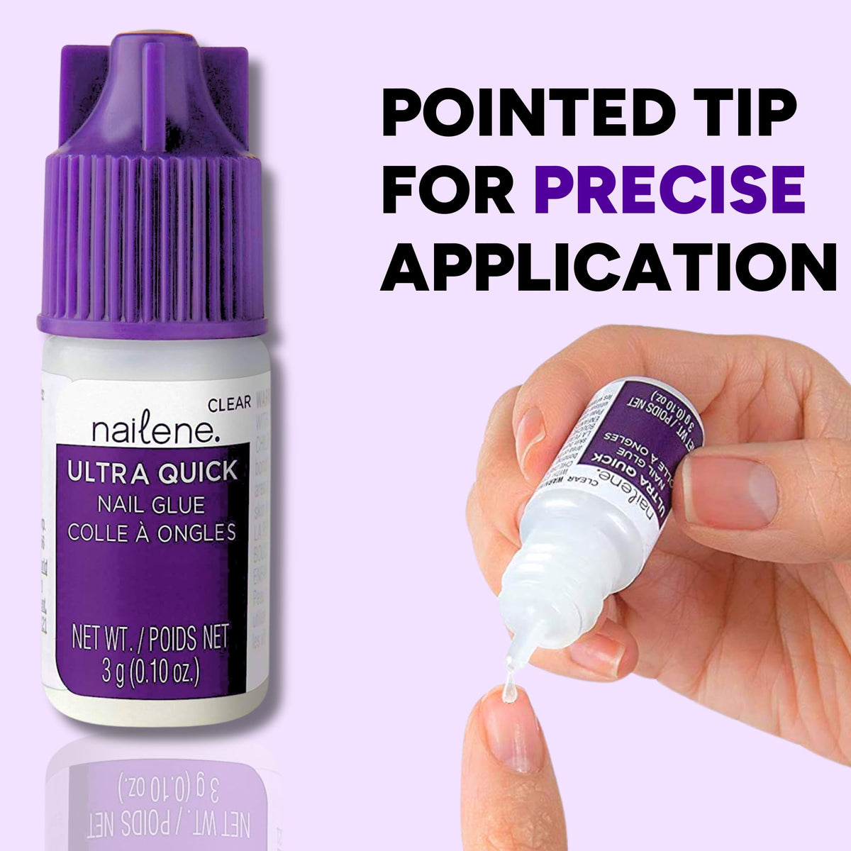 Nailene clear glue drop demonstrating quick-drying, strong bond