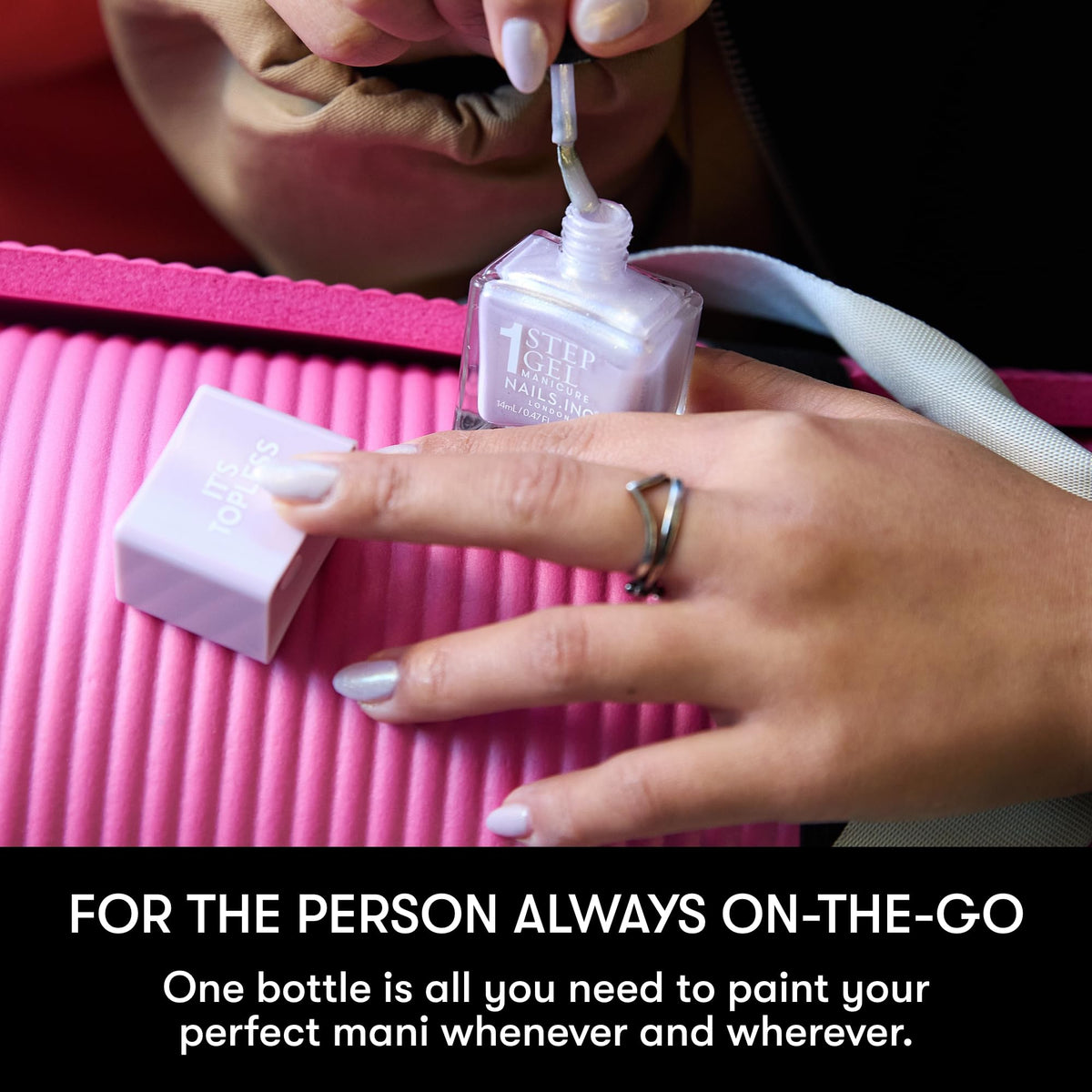 Nails Inc applied mani on hand in lifestyle scene showing salon-quality benefit
