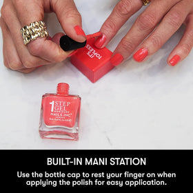 Nails Inc bottle beside coin showing 0.47 fl oz size and travel-friendly benefit