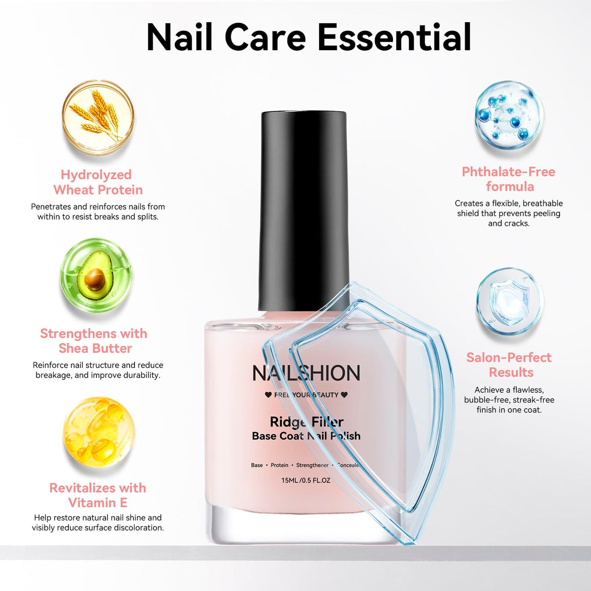 Nailshion ingredient focus hydrolyzed protein and vitamin E highlighting nourishment benefit