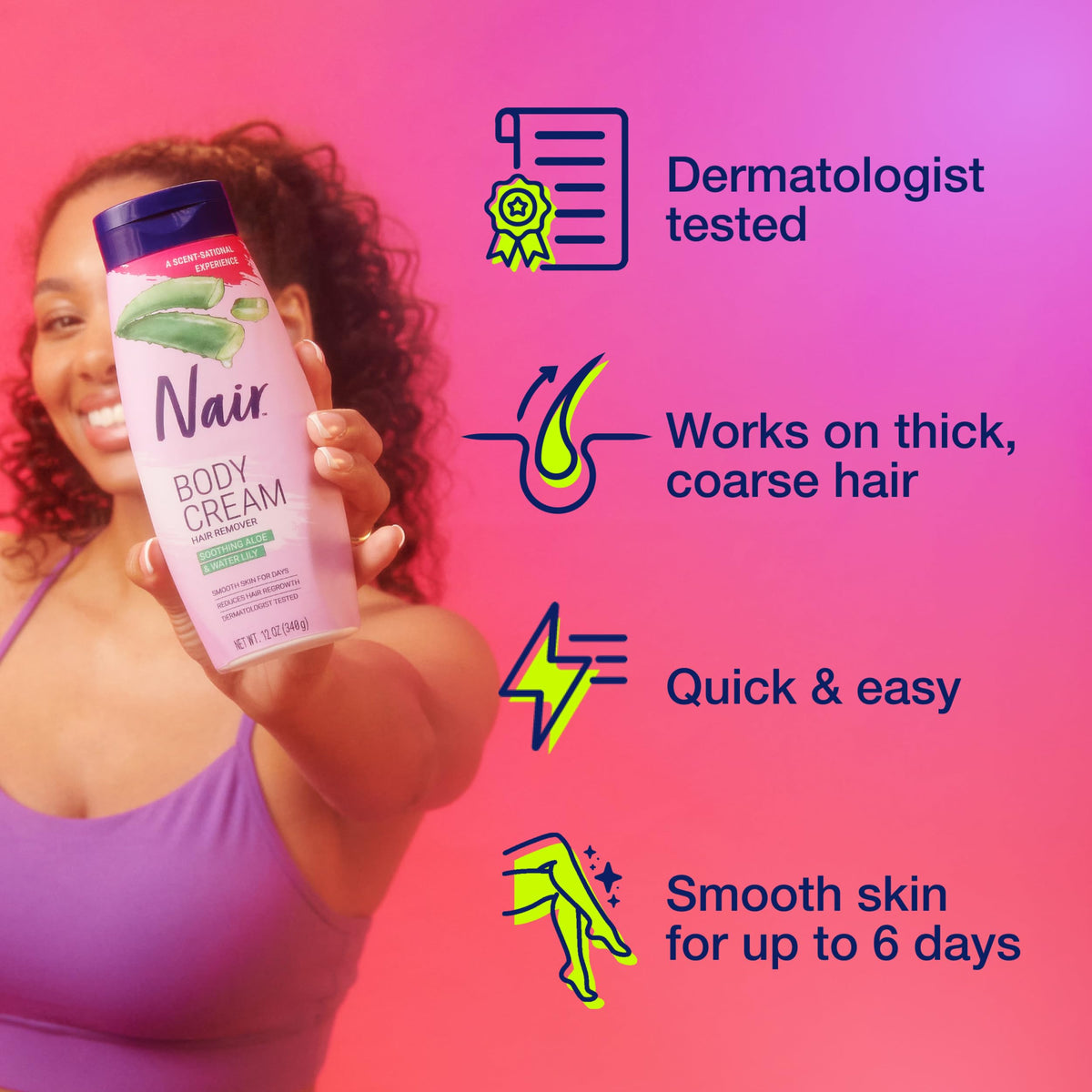 Nair applied on leg demonstrating quick hair removal benefit