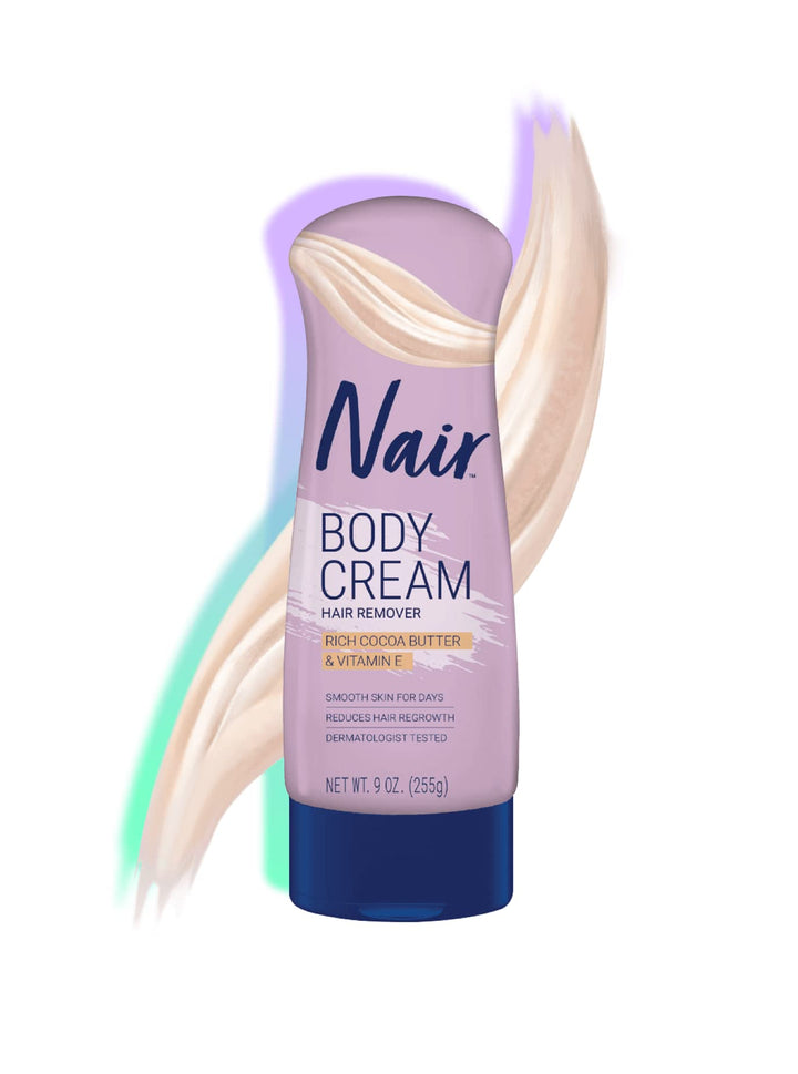 Nair front packaging showing two 9 oz bottles and calming cocoa benefit