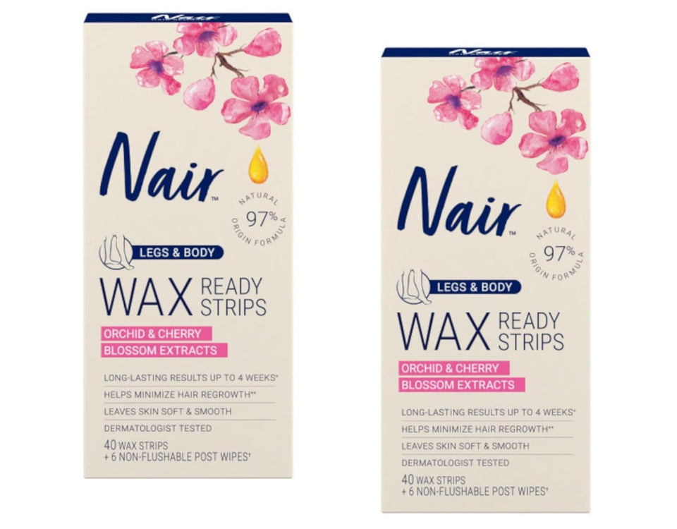 Nair front packaging showing legs and body strips for quick hair removal