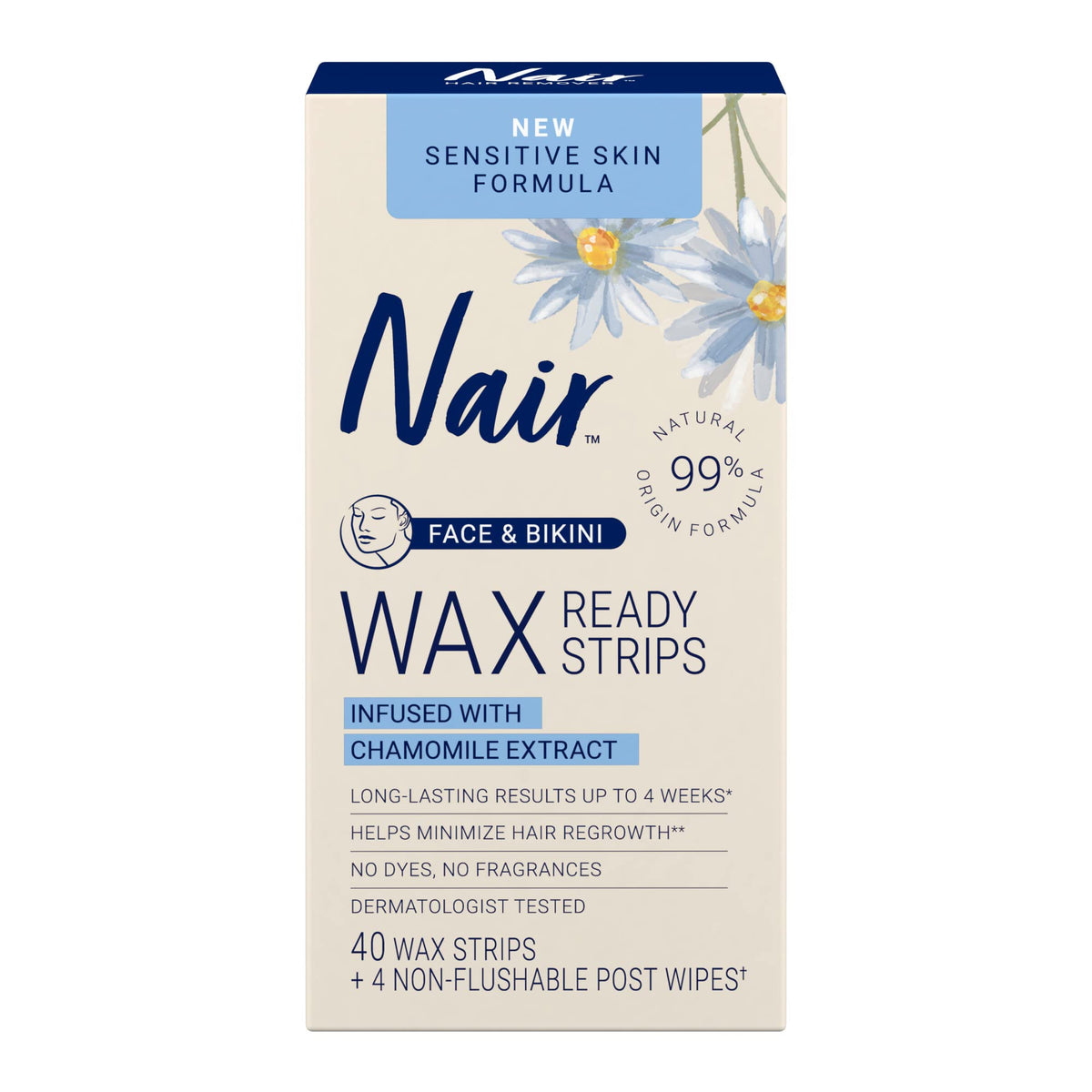 Nair front packaging showing 40-count box and chamomile benefit