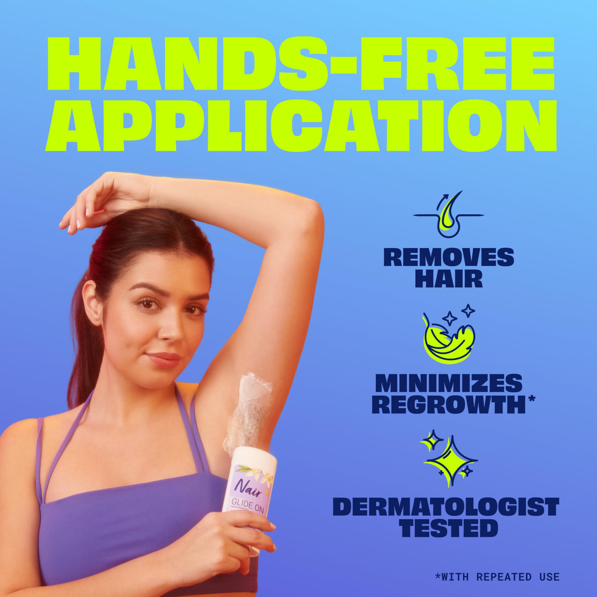Nair Glide On applicator close-up demonstrating touch-free dispensing benefit