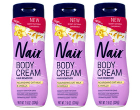 Nair jar front packaging showing oat milk and vanilla scent and clear benefits