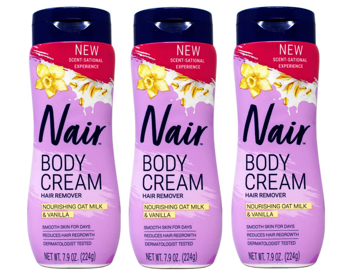 Nair jar front packaging showing oat milk and vanilla scent and clear benefits
