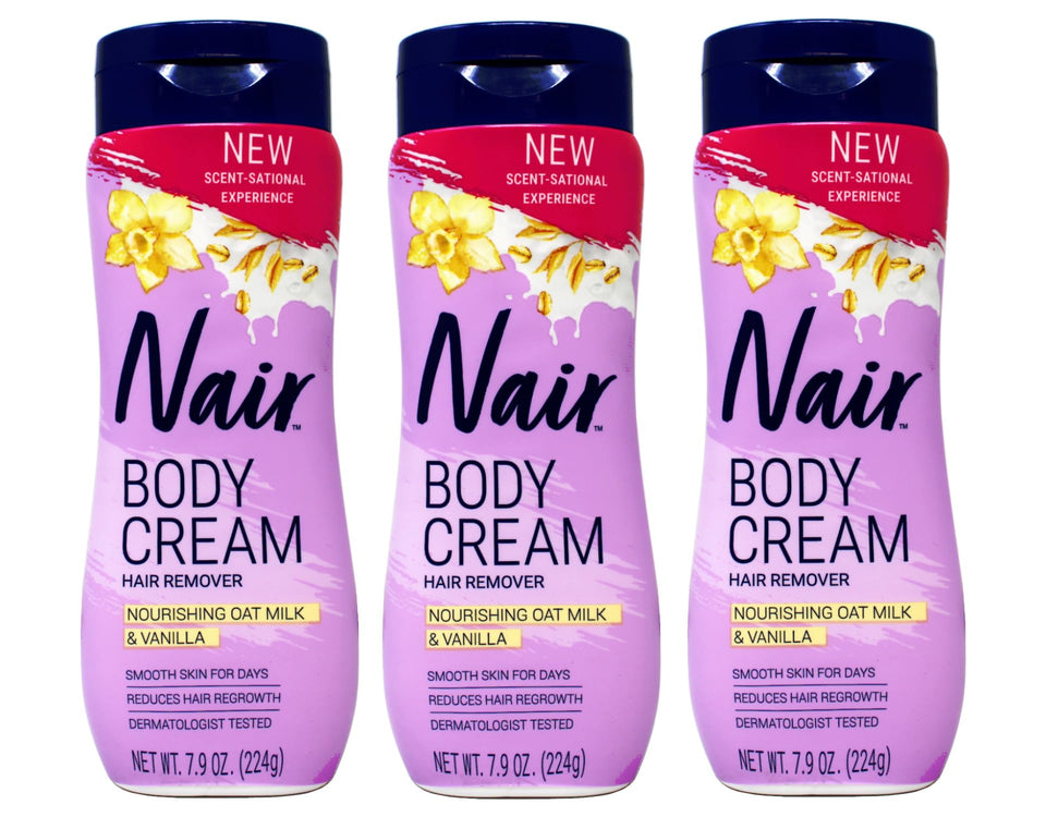Nair jar front packaging showing oat milk and vanilla scent and clear benefits