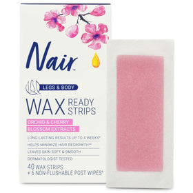 Nair open box displaying ready-to-use strips for easy at-home waxing