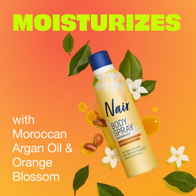 Nair spray applied as an even layer on leg for quick use