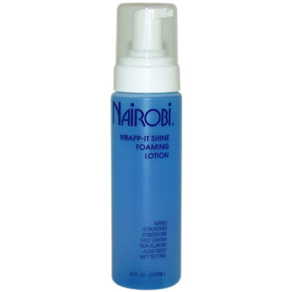 Nairobi foaming lotion front packaging showing 8 oz bottle and quick-dry benefit