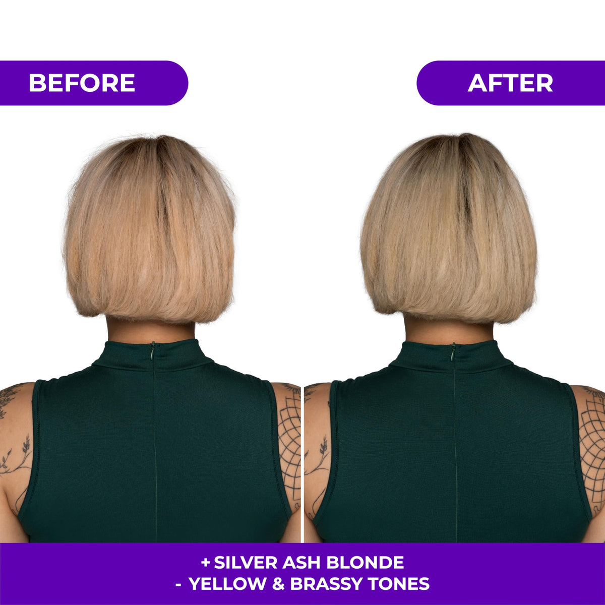 naissant before and after comparison showing reduced orange brassiness