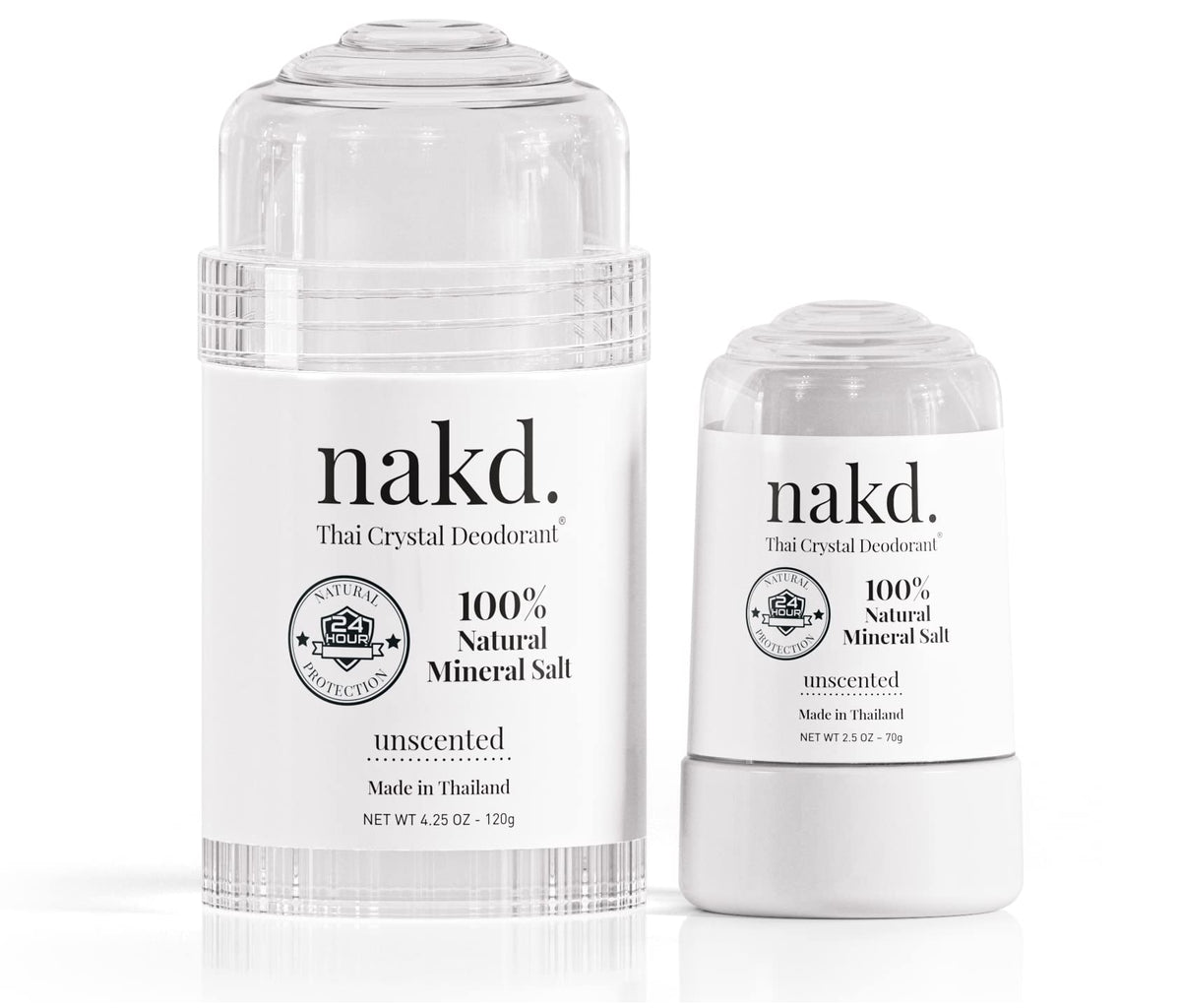 nakd front packaging showing two crystal deodorant sticks and sizes
