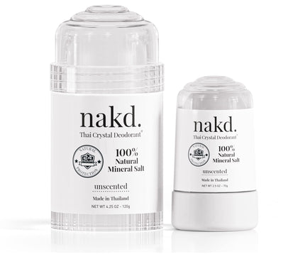 nakd front packaging showing two crystal deodorant sticks and sizes