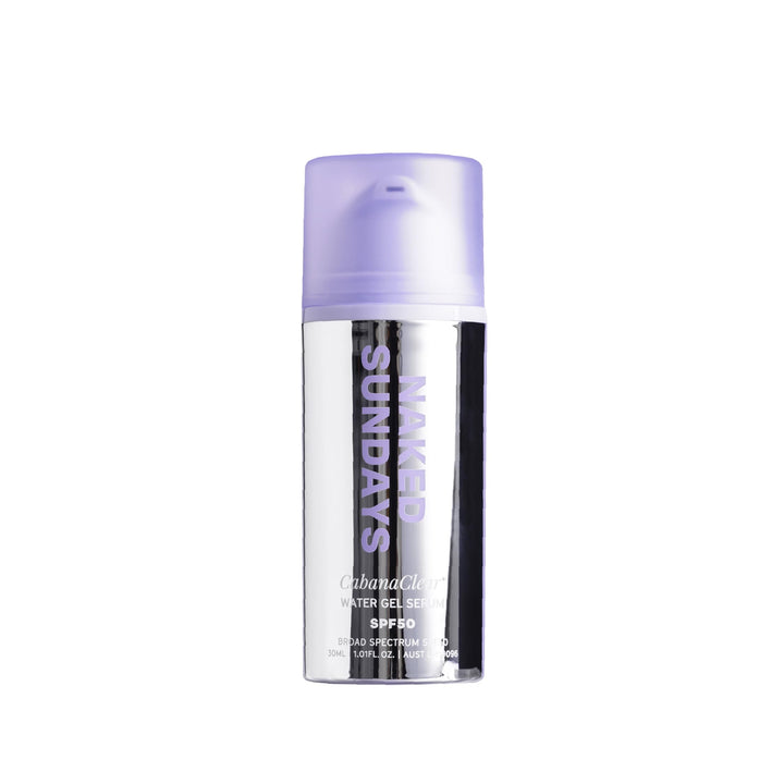 Naked Sundays front bottle view showing clear SPF 50 serum and label benefit