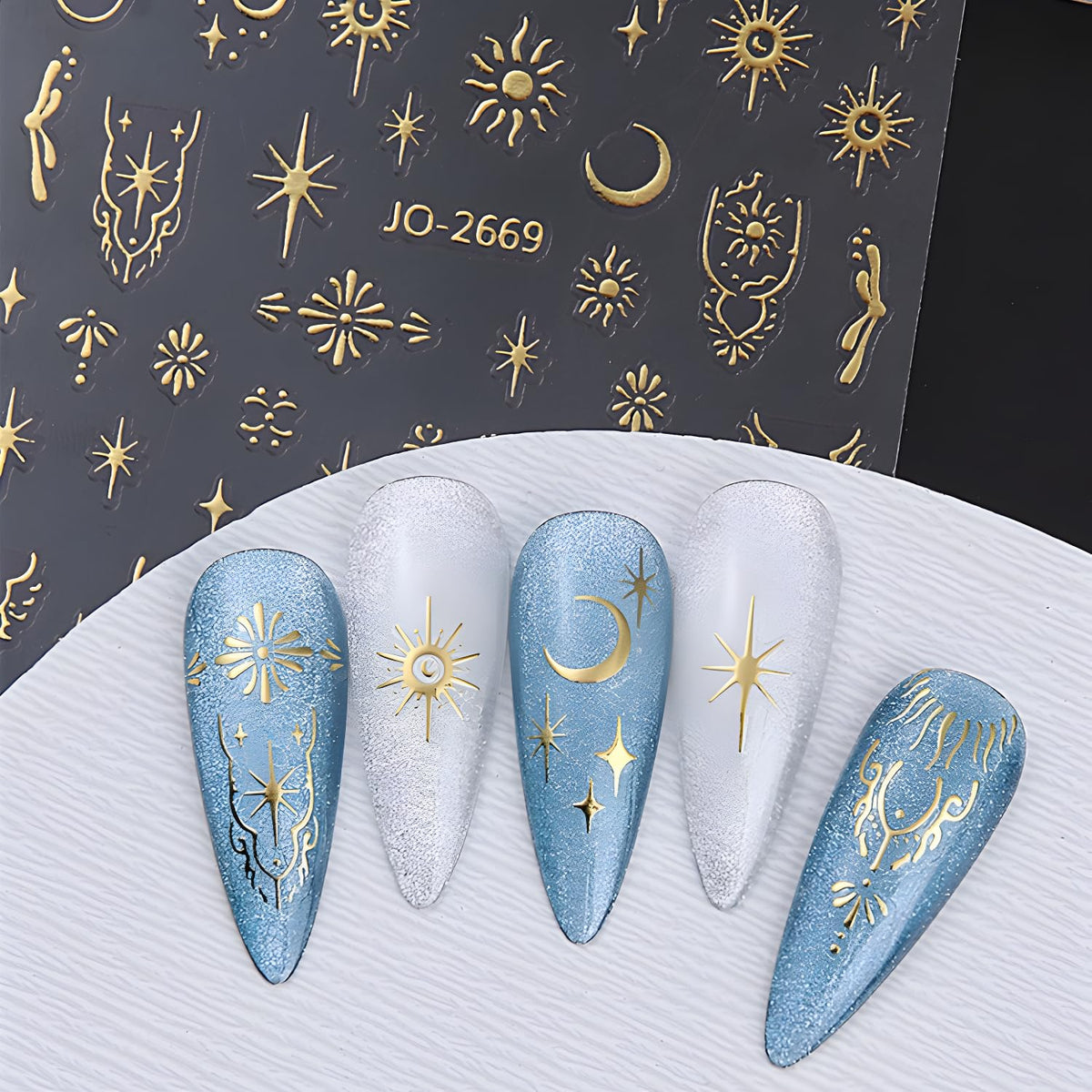 Namrec finished mixed manicure lifestyle shot, shows stylish celestial accents for events