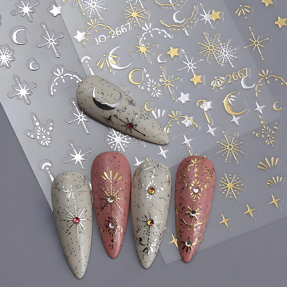Namrec close-up on a sticker sheet highlighting gold and silver celestial patterns, precise detail