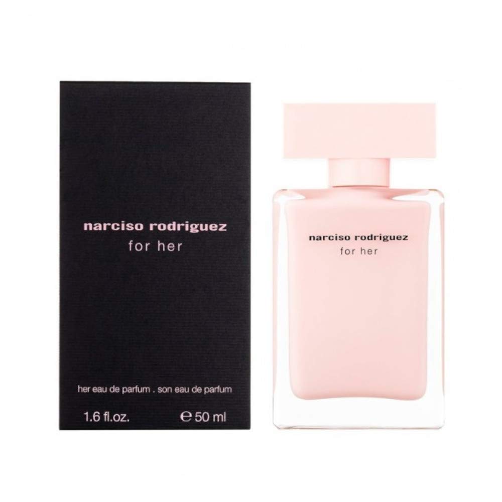 Narciso Rodriguez front bottle in pink glass, showcases elegant branding and easy recognition
